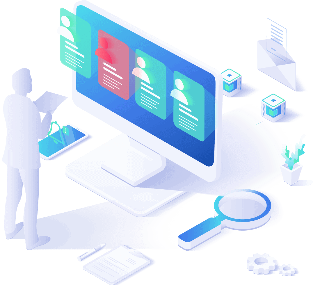 Illustration of an AI solution for business process automation, optimizing costs, revenue, and task management.